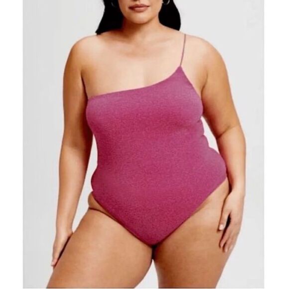 NWT Good American 90s One Shoulder Hawaiian Pink Sparkle One Piece Swimsuit - Picture 1 of 7